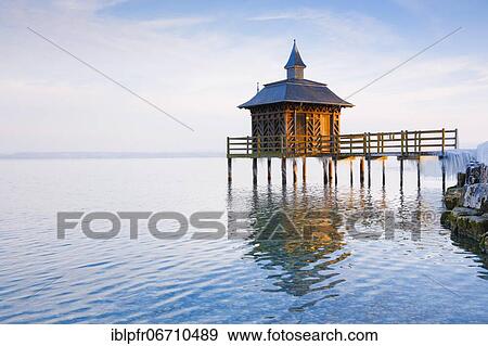 Stock Photo - Iced bathhouse, Lake Neuchâtel, Gorgier, Neuchâtel, Switzerland, Europe. Fotosearch