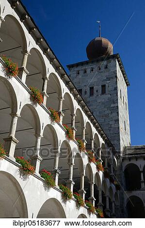 Stock Photo - Inner courtyard, Stockalper Palace, Brig, Canton Valais, Switzerland, Europe. Fotosearch