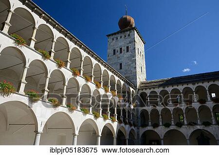 Stock Photography - Inner courtyard, Stockalper Palace, Brig, Canton Valais, Switzerland, Europe. Fotosearch