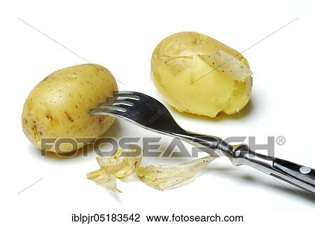Stock Image - Jacket potato with fork, potatoes, boiled, cooked. Fotosearch