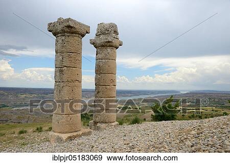 Stock Photo - Karakus Tumulus, Anatolia, Kahta, Adiyaman Province, Commagene, Commagene culture, Mithridates, 1 century B. C., Eastern terrace from Karakus Hill with columns, view of the Euphrates, Nemrud National Park, Nemrud, Nemrut, burial shrine, burial mound,.... Fotosearch