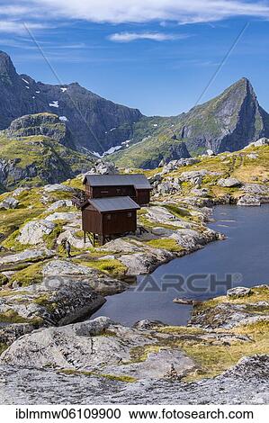 Stock Image - Lake in front of Munkebu cabin, mountains, near Sørvågen, Moskenesøya, Lofoten, Nordland, Norway, Europe. Fotosearch