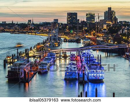Stock Image - Landing stages on the Elbe, Hamburg, Germany, Europe. Fotosearch