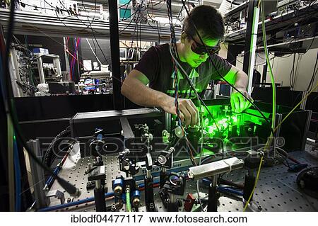 Stock Photo - Laser laboratory of experimental physics at Heinrich Heine University Düsseldorf, North Rhine-Westphalia, Germany, Europe. Fotosearch