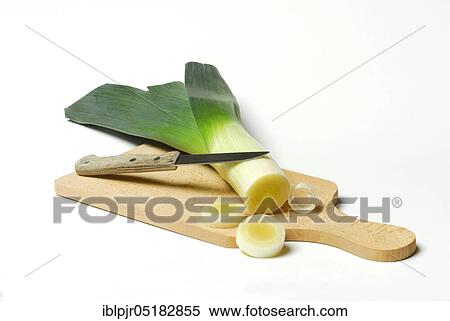 Stock Photography - Leek, leek, sliced, knife, chopping board, wooden board. Fotosearch