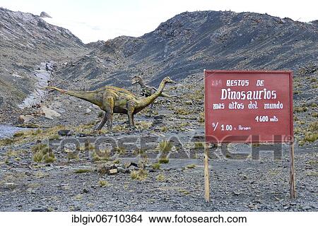 Picture - Life-size figure of a dinosaur at the highest site in the world, Pastoruri Glacier, Cordillera Blanca, Recuay Province, Peru, South America. Fotosearch