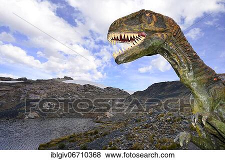Stock Photo - Life-size figure of a dinosaur at the highest site in the world, Pastoruri Glacier, Cordillera Blanca, Recuay Province, Peru, South America. Fotosearch