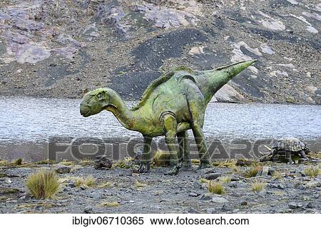 Stock Photography - Life-size figure of a dinosaur at the highest site in the world, Pastoruri Glacier, Cordillera Blanca, Recuay Province, Peru, South America. Fotosearch