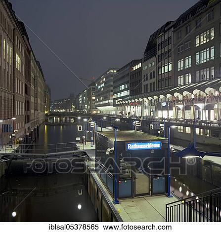 Lock Rathausschleuse and Alsterfleet at night, Hamburg, Germany, Europe View Large Photo Image Stock Photography - Lock Rathausschleuse and Alsterfleet at night, Hamburg, Germany, Europe. Fotosearch