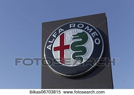 Stock Photography - Logo Alfa Romeo on a column, car dealership, Düsseldorf, North Rhine-Westphalia, Germany, Europe. Fotosearch