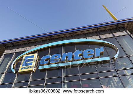 Stock Image - Logo E-Center, Edeka supermarket, Duisburg, North Rhine-Westphalia, Germany, Europe. Fotosearch