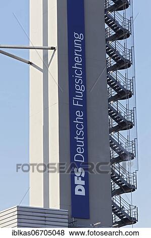 Stock Photo - Logo of the German Air Traffic Control, DFS, at the tower, Düsseldorf Airport, Düsseldorf, North Rhine-Westphalia, Germany, Europe. Fotosearch