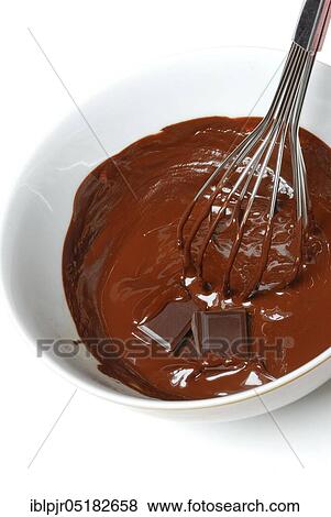 Stock Photo - Melted dark chocolate, cake glaze, couverture, couverture, whisk. Fotosearch