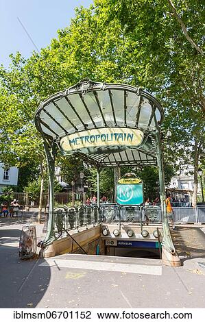 Stock Image - Metro Paris Metropolitain Entrance Station Abbesses Art Nouveau Portrait Metro Station Subway, Paris, France, Europe. Fotosearch