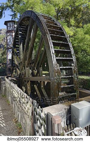 Stock Photo - Mill wheel at kurhaus, Bad Muenster am Stein, Bad Muenster am Stein, Rhineland-Palatinate, Germany, Europe. Fotosearch