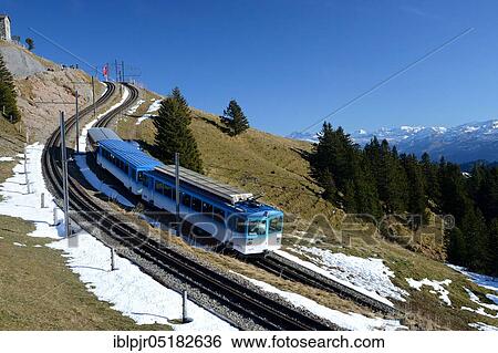 Stock Photograph - Mountain railway on Rigi-Kulm, rack railway, runs between Arth-Goldau and Rigi-Kulm, Central Switzerland, Switzerland, Europe. Fotosearch