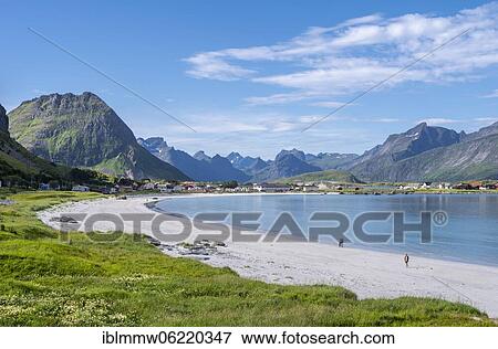 Stock Photo - Mountains and sea, Rambergstranda sandy beach, Junesvika, Lofoten, Nordland, Norway, Europe. Fotosearch