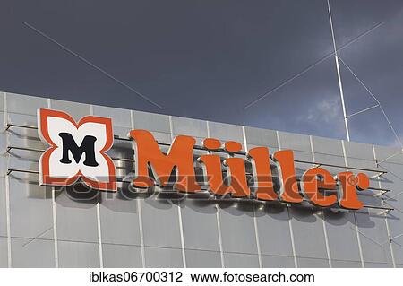 Stock Image - Müller drugstore, logo on a shopping centre, Düsseldorf, North Rhine-Westphalia, Germany, Europe. Fotosearch