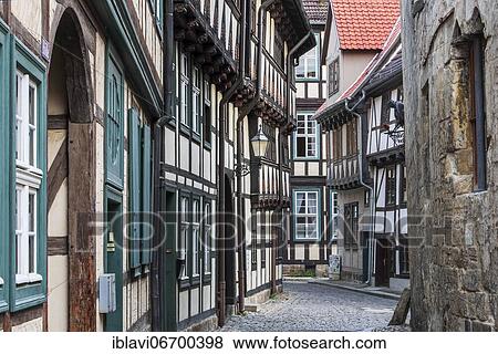 Stock Photo - Narrow alley with half-timbered houses in the old town, UNESCO World Heritage Site, Quedlinburg, Saxony-Anhalt, Germany, Europe. Fotosearch