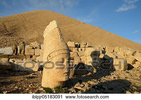 Stock Image - Nemrut Dagi, Kahta, Anatolia, Adiyaman Province, Nemrud, stone heads and burial mounds of King Antiochus, burial shrine, memorial, Turkey, Asia. Fotosearch
