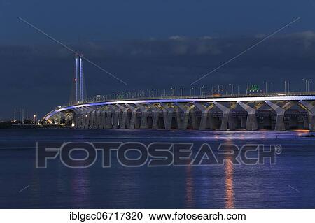 Stock Image - New Champlain Bridge at night, Saint Lawrence River, Montreal, Province of Quebec, Canada, North America. Fotosearch