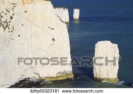 Stock Image - Old Harry Rocks, Swanage Bay, chalk cliff coast, Bournemouth, Jurassic Coast World Heritage Site, Dorset, England, United Kingdom, Europe. Fotosearch