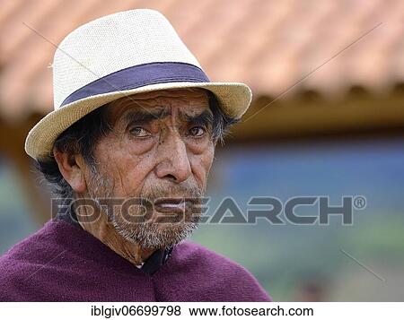 Stock Photo - Old indigenous man with hat, portrait, Kuelap, Luya province, Amazonas region, Peru, South America. Fotosearch