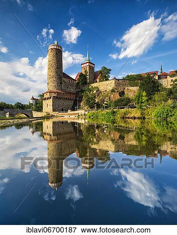 Stock Photo - Old water art and St. Michael's church reflected in the water of the Spree, Bautzen, Upper Lusatia, Saxony, Germany, Europe. Fotosearch