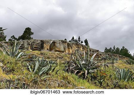 Stock Image - Otuzco window, Ventanillas de Otuzco, necropolis with pre-Inca burial niches, Cajamarca province, Peru, South America. Fotosearch