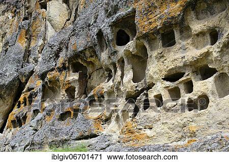 Stock Image - Otuzco window, Ventanillas de Otuzco, necropolis with pre-Inca burial niches, Cajamarca province, Peru, South America. Fotosearch