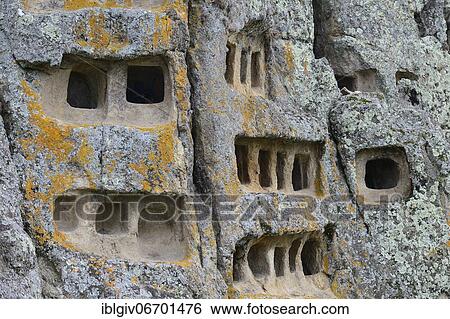 Stock Photograph - Otuzco window, Ventanillas de Otuzco, necropolis with pre-Inca burial niches, Cajamarca province, Peru, South America. Fotosearch
