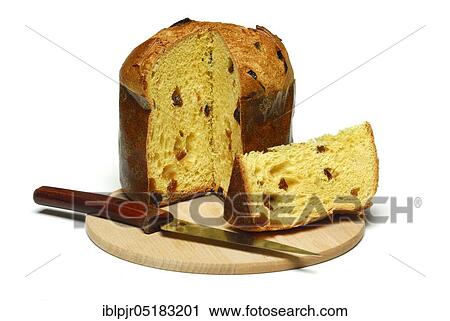 Stock Image - Panettone, cake, Christmas cake, fruit cake, knife. Fotosearch
