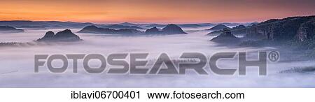 Panorama, view from Kleiner Winterberg at dawn, morning fog, Elbe Sandstone Mountains, National Park Saxon Switzerland, Saxony, Germany, Europe View Large Photo Image Stock Image - Panorama, view from Kleiner Winterberg at dawn, morning fog, Elbe Sandstone Mountains, National Park Saxon Switzerland, Saxony, Germany, Europe. Fotosearch