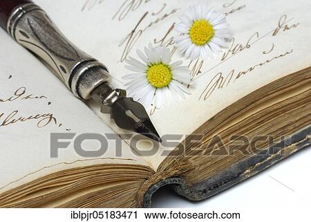 Stock Image - Pen with nib on book, old writing, ink, diary. Fotosearch