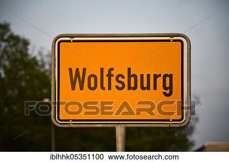 Stock Image - Place name sign, Wolfsburg, Lower Saxony, Germany, Europe. Fotosearch