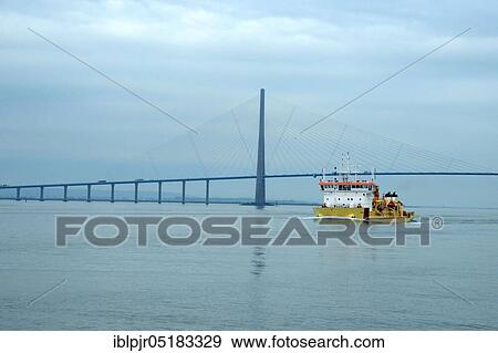 Stock Photo - Pont de Normandie, cable-stayed bridge, bridge of Normandy, spanning the Seine estuary, connecting Le Havre with Honfleur, 856 m span, France, Europe. Fotosearch