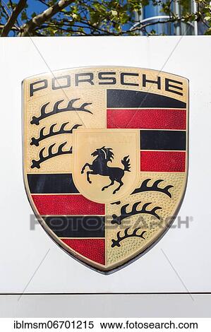 Stock Photography - Porsche logo symbol sign headquarters in Stuttgart Zuffenhausen Germany portrait format, Stuttgart, Germany, Europe. Fotosearch