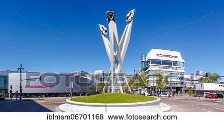 Stock Photo - Porsche Platz headquarters in Stuttgart Germany art artwork architecture panorama, Stuttgart, Germany, Europe. Fotosearch