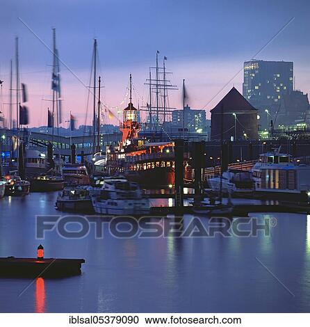 Stock Image - Port of Hamburg by night, Germany, Europe. Fotosearch