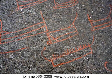 Stock Photo - Prehistoric rock paintings of boats, Helleristningane på Solbakk, Solbakk, Norway, Europe. Fotosearch