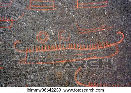 Stock Photo - Prehistoric rock paintings of boats, Helleristningane på Solbakk, Solbakk, Norway, Europe. Fotosearch