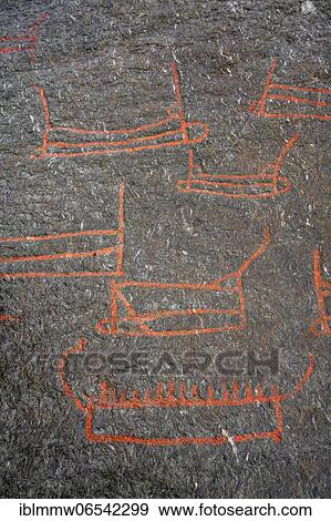 Stock Photo - Prehistoric rock paintings of boats, Helleristningane på Solbakk, Solbakk, Rogaland, Norway, Europe. Fotosearch
