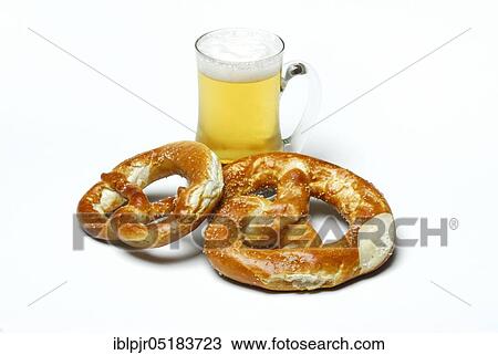 Stock Image - Pretzel, pretzel and glass of beer, pretzel pastry, pretzels, pretzels. Fotosearch