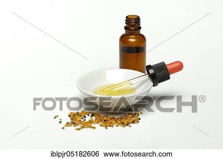 Stock Photograph - Propolis tincture, and flower pollen, bee putty resin, bee resin, putty resin, propolis, putty wax. Fotosearch