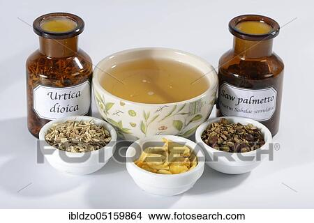 Picture - Prostate medicine, nettle root, pumpkin seeds (Cucurbita) (Sabal serrulata) (Fructus Sabalae serrulatae) (Urtica dioica), saw palmetto fruit, saw palmetto fruit (Serenoa repens) cup, te. Fotosearch