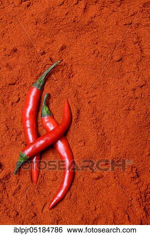 Stock Photograph - Red chilli peppers in chilli powder, chilli peppers, chili peppers ( Capsicum annuum) paprika powder. Fotosearch