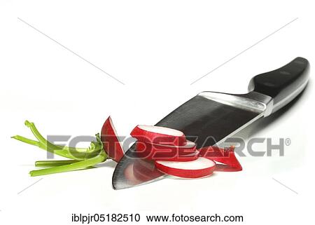 Stock Image - Red Radish (Raphanus sativus var. sativus) with knife. Fotosearch