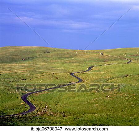 Stock Photo - Road through hilly landscape, Cezallier massif, Puy de Dome department, Auvergne Rhone Alpes, France, Europe. Fotosearch