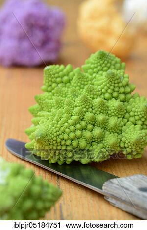 Stock Image - Romanesco cabbage with knife, green Cauliflower ( Braßica oleracea var. botrytis) (, ). Fotosearch