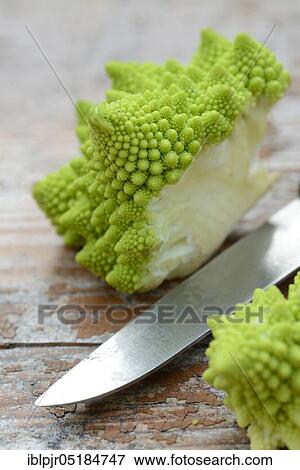 Romanesco cabbage with knife, green Cauliflower ( Braßica oleracea var. botrytis) (, ) View Large Photo Image Stock Photo - Romanesco cabbage with knife, green Cauliflower ( Braßica oleracea var. botrytis) (, ). Fotosearch
